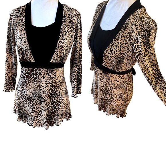 Y2K LEOPARD KRINKLE BOW RIBBON TIE 2000'S VINTAGE BLOUSE TOP MEDIUM - Picture 2 of 4